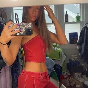 Fashion Nova Red Crop Top plus Cargo Pocket Wide Leg Denim Matching Set / XS